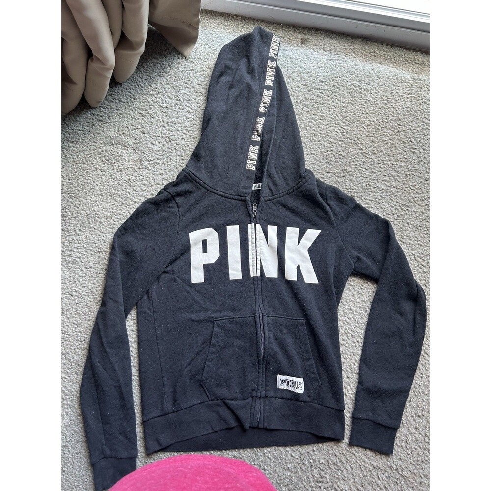 Pink Victoria Secret Women’s Black & White Zip Up Hoodie Sweatshirt Size MED - Picture 1 of 5